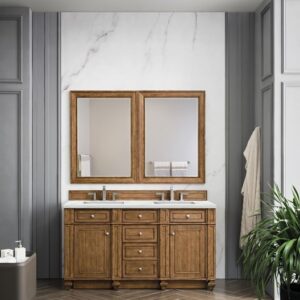 James Martin 157-V60D-SBR-3ENC Bristol 60 Inch Double Vanity Cabinet with Ethereal Noctis Quartz Top - Saddle Brown