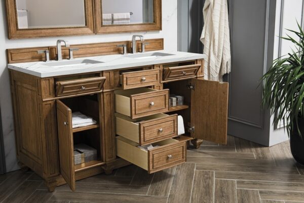 James Martin 157-V60D-SBR-3ENC Bristol 60 Inch Double Vanity Cabinet with Ethereal Noctis Quartz Top - Saddle Brown