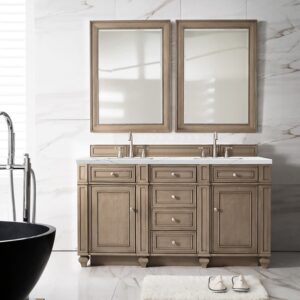 James Martin 157-V60D-WW-3ENC Bristol 60 Inch Double Vanity Cabinet with Ethereal Noctis Quartz Top - Whitewashed Walnut