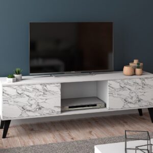 Manhattan Comfort Doyers 53.15 Mid-Century Modern TV Stand in White and Marble Stamp