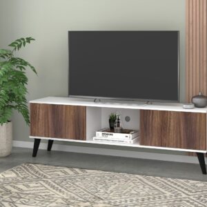 Manhattan Comfort Doyers 62.20 Mid-Century Modern TV Stand in White and Nut Brown