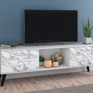 Manhattan Comfort Doyers 62.20 Mid-Century Modern TV Stand in White and Marble Stamp