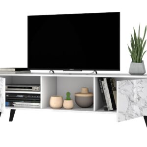 Manhattan Comfort Doyers 62.20 Mid-Century Modern TV Stand in White and Marble Stamp