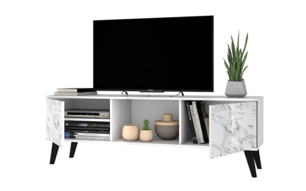 Manhattan Comfort Doyers 62.20 Mid-Century Modern TV Stand in White and Marble Stamp