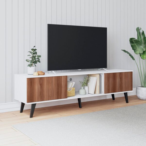 Manhattan Comfort Doyers 70.87 Mid-Century Modern TV Stand in White and Nut Brown