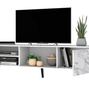 Manhattan Comfort Doyers 70.87 Mid-Century Modern TV Stand in White and Marble Stamp