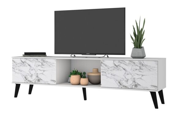 Manhattan Comfort Doyers 70.87 Mid-Century Modern TV Stand in White and Marble Stamp