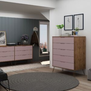 Manhattan Comfort Rockefeller 5-Drawer and 6-Drawer Nature and Rose Pink Dresser Set