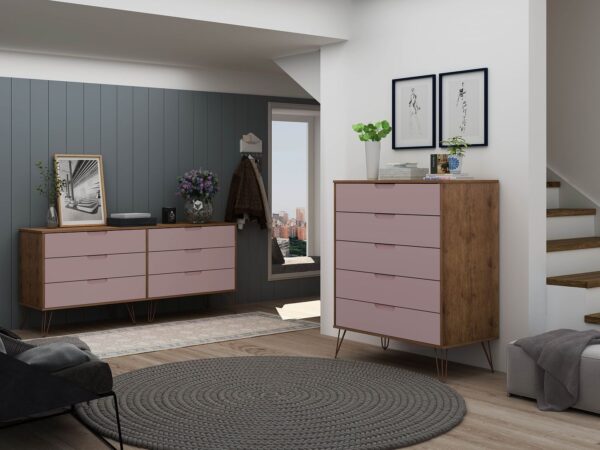 Manhattan Comfort Rockefeller 5-Drawer and 6-Drawer Nature and Rose Pink Dresser Set