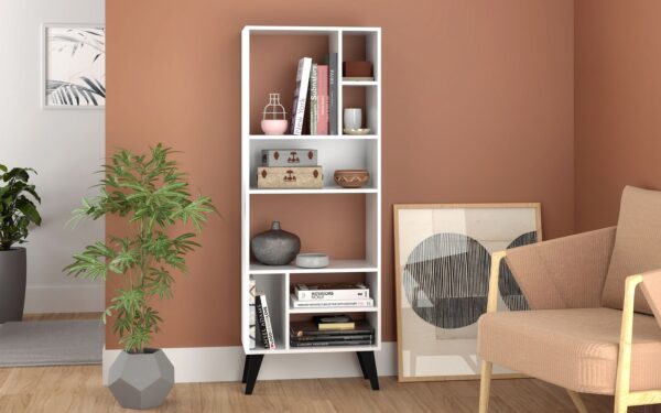 Manhattan Comfort Warren Tall Bookcase 1.0 with 8 Shelves in White with Black Feet