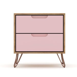 Manhattan Comfort Rockefeller 3-Piece Nature and Rose Pink Dresser and Nightstand Set