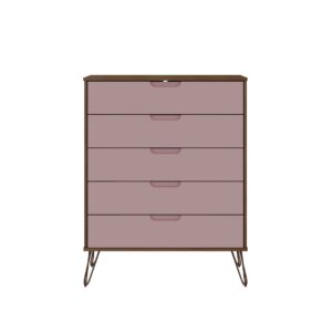 Manhattan Comfort Rockefeller 5-Drawer and 3-Drawer Nature and Rose Pink Dresser Set