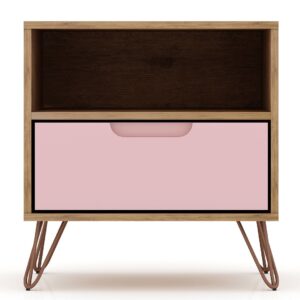 Manhattan Comfort Rockefeller 1-Drawer Nature and Rose Pink Nightstand (Set of 2)