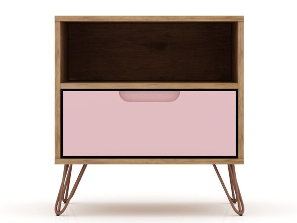 Manhattan Comfort Rockefeller 1-Drawer Nature and Rose Pink Nightstand (Set of 2)