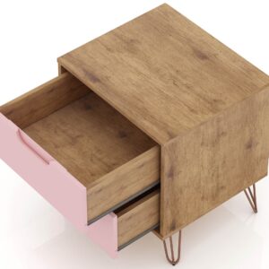 Manhattan Comfort Rockefeller 2-Drawer Nature and Rose Pink Nightstand (Set of 2)