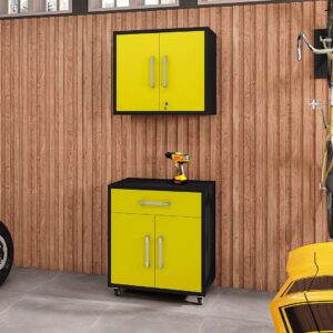 Manhattan Comfort Eiffel 2-Piece Storage Garage Set in Matte Black and Yellow