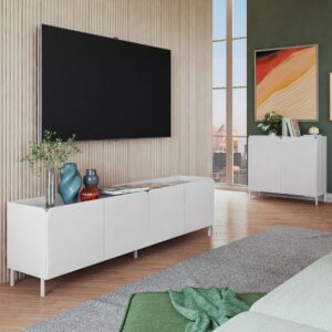 Manhattan Comfort Mid-Century Modern Bogardus 2-Piece TV Stand Living Room Set with Accent Cabinet in White