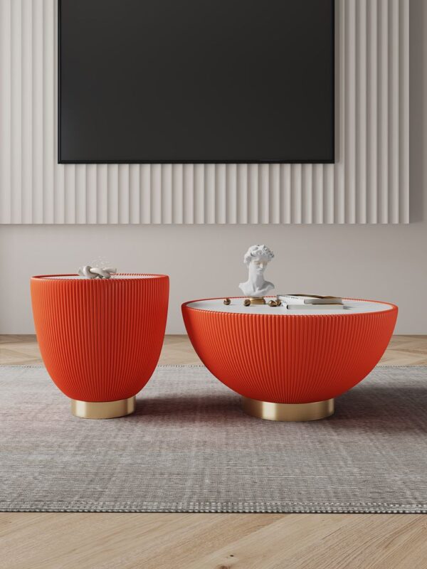 Manhattan Comfort Modern Anderson Coffee Table and End Table 2.0 Upholstered in Orange Leatherette with Ceramic Faux Tabletop - Set of 2