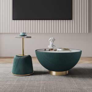 Manhattan Comfort Modern Anderson Coffee Table and End Table 1.0 Upholstered in Green Leatherette with Ceramic Faux Tabletop and Gold Metal Tabletop- Set of 2