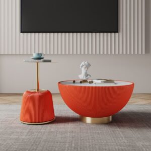 Manhattan Comfort Modern Anderson Coffee Table and End Table 1.0 Upholstered in Orange Leatherette with Ceramic Faux Tabletop and Gold Metal Tabletop- Set of 2