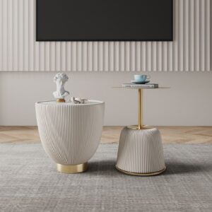 Manhattan Comfort Modern Anderson End Table 1.0 and End Table 2.0 Upholstered in Cream Leatherette with Ceramic Faux Tabletop and Gold Metal Tabletop- Set of 2