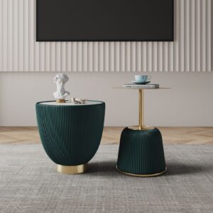 Manhattan Comfort Modern Anderson End Table 1.0 and End Table 2.0 Upholstered in Green Leatherette with Ceramic Faux Tabletop and Gold Metal Tabletop- Set of 2