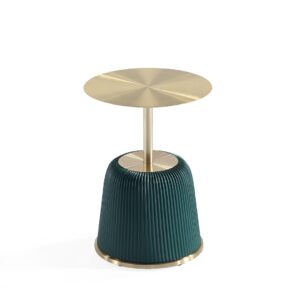 Manhattan Comfort Modern Anderson End Table 1.0 and End Table 2.0 Upholstered in Green Leatherette with Ceramic Faux Tabletop and Gold Metal Tabletop- Set of 2