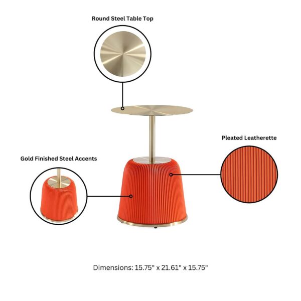 Manhattan Comfort Modern Anderson End Table 1.0 and End Table 2.0 Upholstered in Orange Leatherette with Ceramic Faux Tabletop and Gold Metal Tabletop- Set of 2