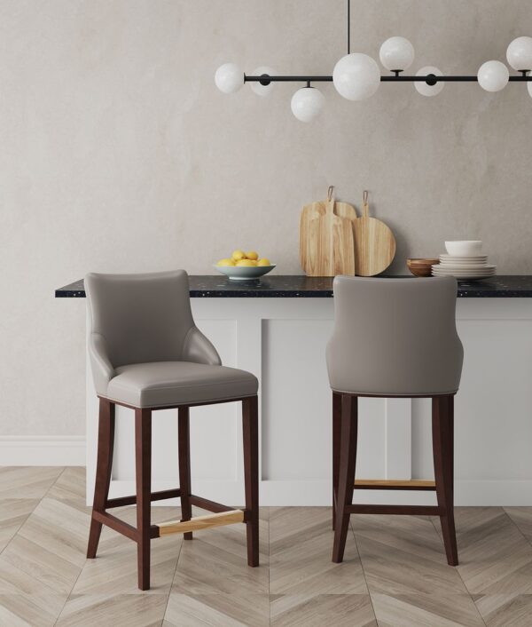 Manhattan Comfort Modern Shubert Barstool Upholstered in Dark Taupe Leatherette with Beech Wood Legs - Set of 2