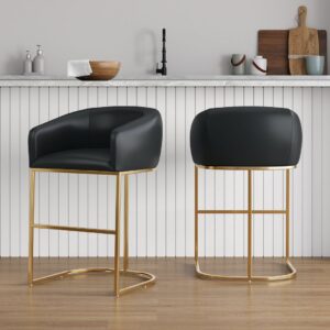 Manhattan Comfort Louvre Mid-Century Modern Leatherette Upholstered Counter Stool  in Black and Titanium Gold- Set of 2