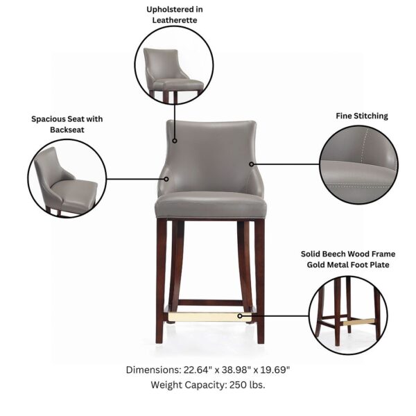 Manhattan Comfort Modern Shubert Counter Stool Upholstered in Dark Taupe Leatherette with Beech Wood Legs - Set of 2