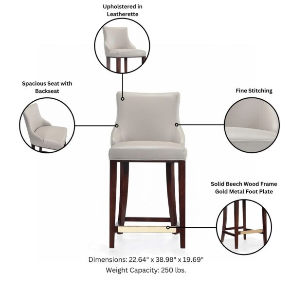 Manhattan Comfort Modern Shubert Counter Stool Upholstered in Light Grey Leatherette with Beech Wood Legs - Set of 2