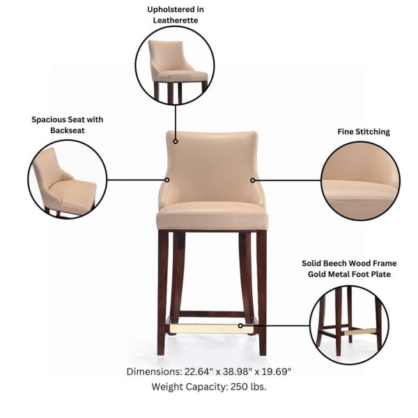 Manhattan Comfort Modern Shubert Counter Stool Upholstered in Tan Leatherette with Beech Wood Legs - Set of 2