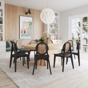 Manhattan Comfort Versailles Round Dining Chair in Black and Natural Cane - Set of 4