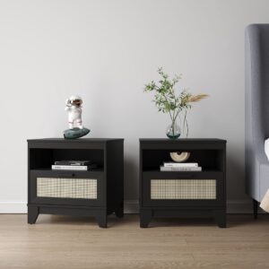 Manhattan Comfort Sheridan Modern Cane Nightstand in Black- Set of 2