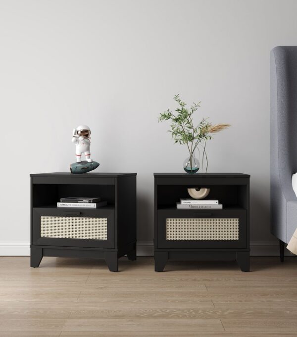 Manhattan Comfort Sheridan Modern Cane Nightstand in Black- Set of 2