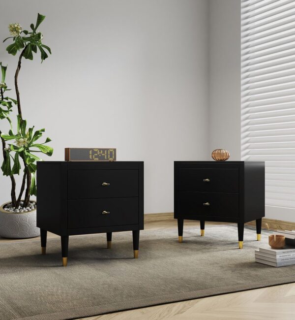 Manhattan Comfort Stanton Modern Nightstand with 2 Full Extension Drawers and Solid Wood Legs in Black - Set of 2