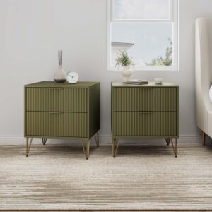 Manhattan Comfort DUMBO 2.0 Modern Nightstand with 2 Drawer and Metal Feet in Olive Green- Set of 2