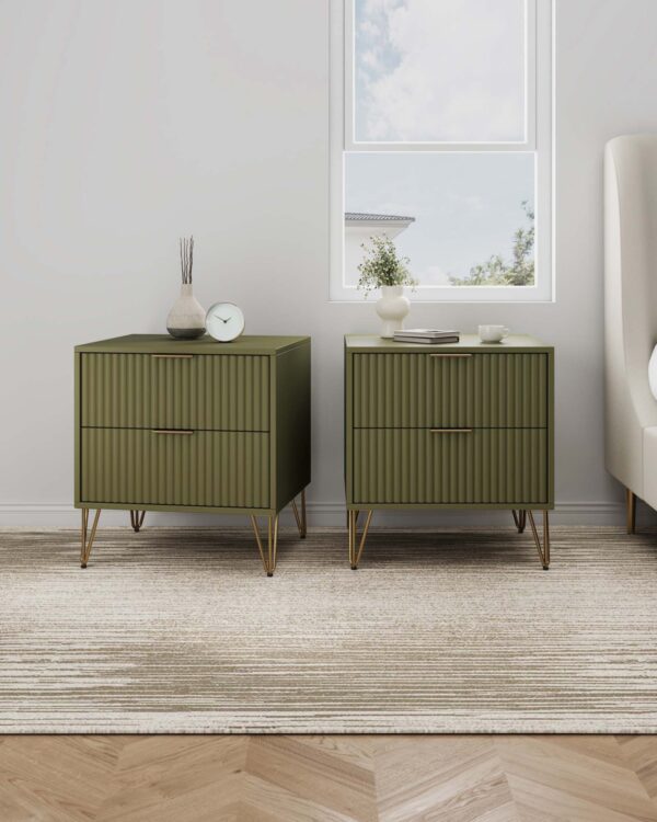 Manhattan Comfort DUMBO 2.0 Modern Nightstand with 2 Drawer and Metal Feet in Olive Green- Set of 2