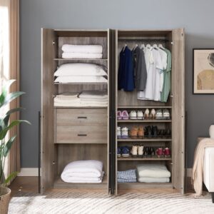 Manhattan Comfort Lee Modern Freestanding 2-Piece Module Wardrobe Closet with 1 Hanging Rod, 2 Drawers, 3 Shoe Compartments, and 5 Shelves in Rustic Grey