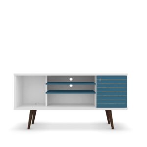 Manhattan Comfort Liberty 53.14" Mid-Century Modern TV Stand with 5 Shelves and 1 Door in White and Aqua Blue with Solid Wood Legs