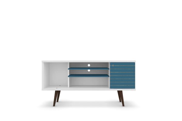 Manhattan Comfort Liberty 53.14" Mid-Century Modern TV Stand with 5 Shelves and 1 Door in White and Aqua Blue with Solid Wood Legs