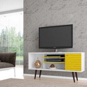 Manhattan Comfort Liberty 53.14" Mid-Century Modern TV Stand with 5 Shelves and 1 Door in White and Yellow with Solid Wood Legs