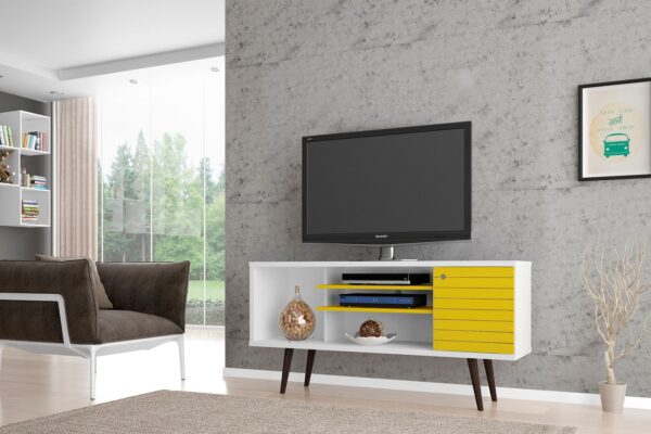 Manhattan Comfort Liberty 53.14" Mid-Century Modern TV Stand with 5 Shelves and 1 Door in White and Yellow with Solid Wood Legs