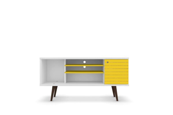 Manhattan Comfort Liberty 53.14" Mid-Century Modern TV Stand with 5 Shelves and 1 Door in White and Yellow with Solid Wood Legs