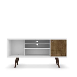 Manhattan Comfort Liberty 53.14" Mid-Century Modern TV Stand with 5 Shelves and 1 Door in White and Rustic Brown with Solid Wood Legs