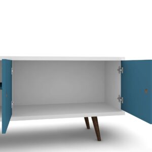 Manhattan Comfort Liberty 62.99" Mid-Century Modern TV Stand with 3 Shelves and 2 Doors in White and Aqua Blue with Solid Wood Legs