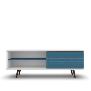 Manhattan Comfort Liberty 62.99" Mid-Century Modern TV Stand with 3 Shelves and 2 Doors in White and Aqua Blue with Solid Wood Legs