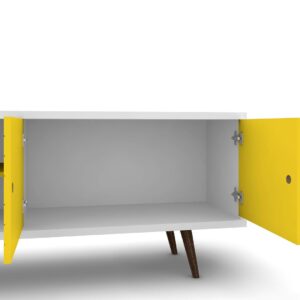 Manhattan Comfort Liberty 62.99" Mid-Century Modern TV Stand with 3 Shelves and 2 Doors in White and Yellow with Solid Wood Legs