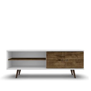 Manhattan Comfort Liberty 62.99" Mid-Century Modern TV Stand with 3 Shelves and 2 Doors in White and Rustic Brown with Solid Wood Legs